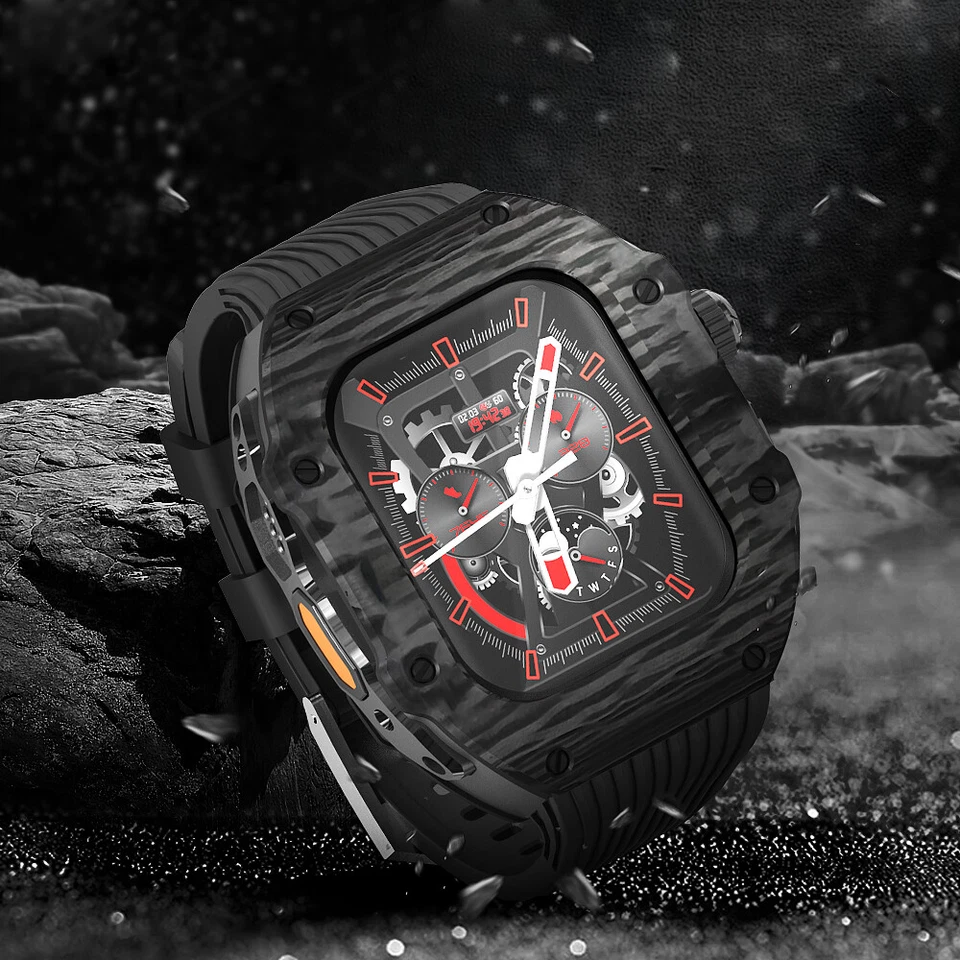 Estuche de fibra de carbono correa de goma fluororuro para Apple Watch Ultra 49 mm Mod Kit 44 mm 45 mm Foto 2 de 4