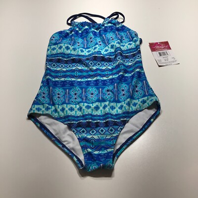 NWT Kanu Surf Swimsuit Girls 14 ''Mahina'' Blue Geometric One Piece Bathing Suit