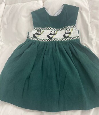 NEW THE SMOCK SHOP BABY GIRLS SMOCKED DRESS Size 12 MOS 1Y GREEN & WH PANDAS