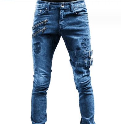 New Slim Fit Ripped Biker Jeans, Men's Casual Street Style Stretch Denim Pants
