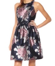 $138 Tahari Navy Blush Silver Floral Shimmer Metallic Brocade Dress Size 16