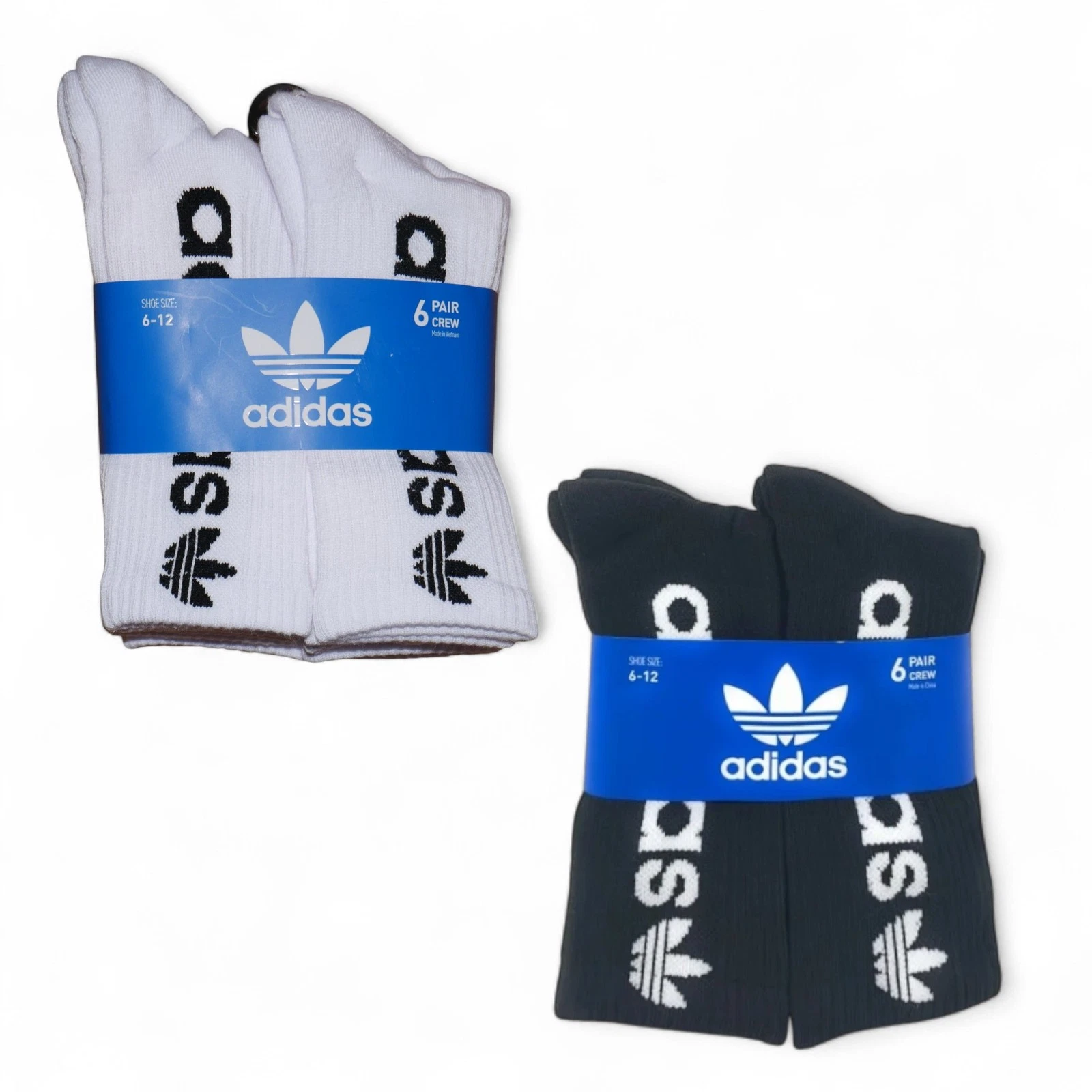 12 Pair Adidas Originals Trefoil Crew Socks Large 6-12 Spellout Logo Black/White