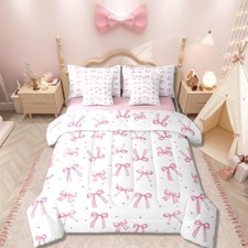 7 Piece Light Pink Bow Bedding Set Twin Size,Girly Coquette Comforter Set wit...