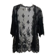 Black Lace Women M Sheer Cardigan Romantic Whimsigoth Witchy Boho Flowy READ