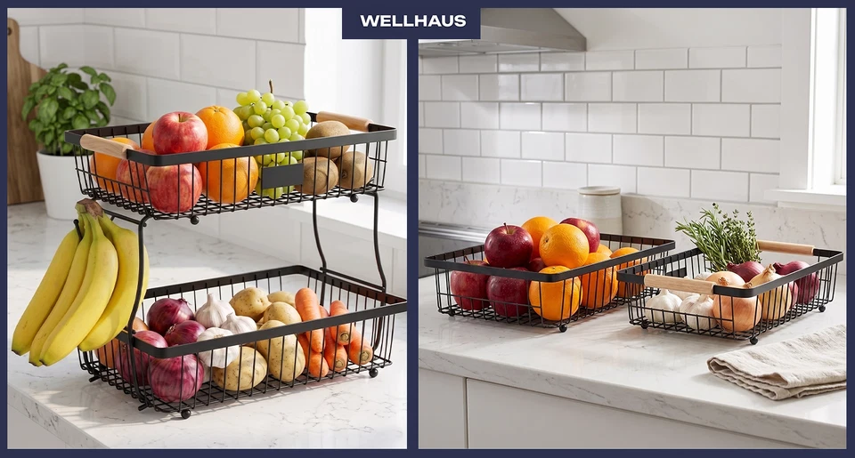 NOUVEAU WELLHAUS Corbeille à fruits pliable à 2 niveaux en métal noir... - Photo 3/4