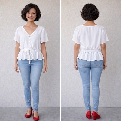 H&M Women s White Peplum Prairie Bohemian V-neck Button-down Blouse US Size 10