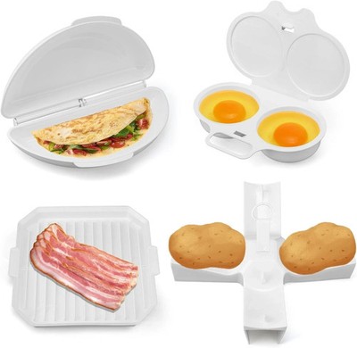 4-teiliges Mikrowellen Frühstück Set Omelett Maschine Ei Pochierer Speck Tablett Herd Kartoffel