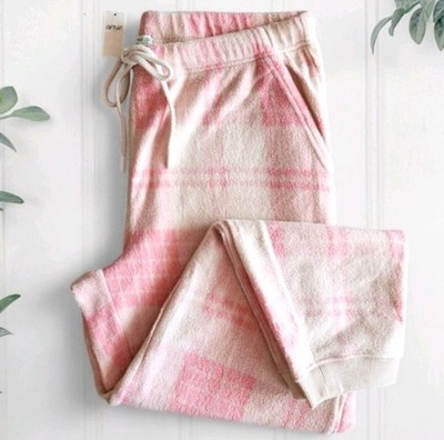 Aerie Women s Pink Cream Plaid Fleece Drawstring Pajama Pants Jogger L 