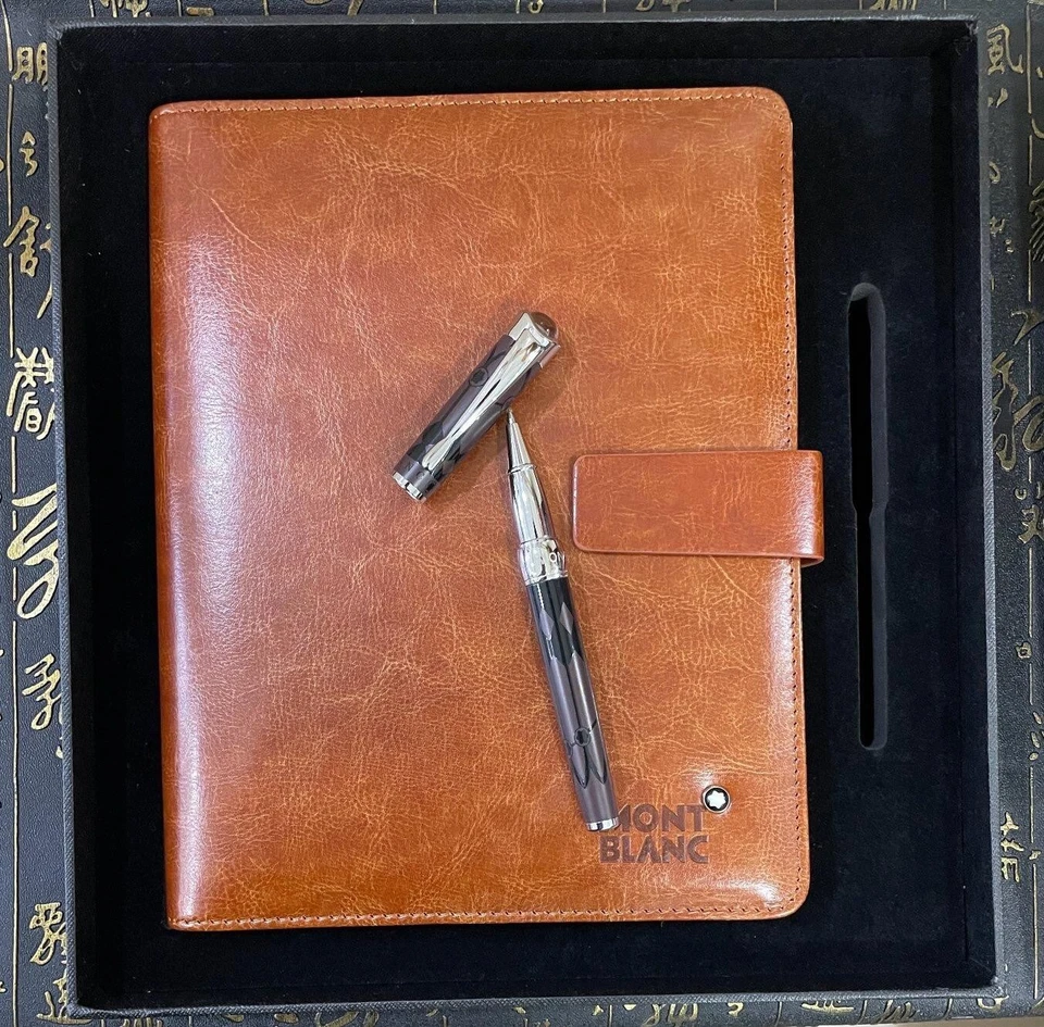 Montblanc Marrón Cuero Premium Cuaderno y Bolígrafo Lujo Set de Regalo Foto 3 de 4