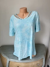 Coastal Grandma Mom L Top 👀Blouse Art Short Slv Pullover Boho Teal Soft Stretch