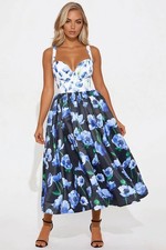 NWT XS Satin Floral Midi Dress - Blue/combo MSRP $84.99