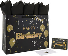 16.5 Extra Large Black Happy Birthday Gift Bag Set with Handles, Greeting Card,