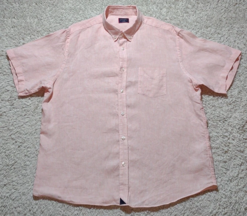 UNTUCKit Linen Shirt Men's XL Pink Striped Button Up Short Sleeve Beach Camp