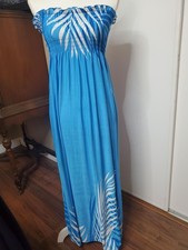 Blue Strapless Maxi Dress with White Leaf Print