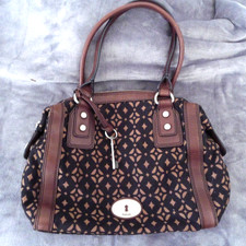 FOSSIL Maddox Reissued Canvas/Leather Satchel/ Hand Bag Brown No Shoulder Strap
