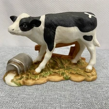 Homco 1459 Holstein Calf Spilled Milk Bucket Porcelain Figurine 5.25" Long 3.5"T