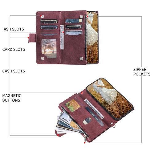 Strap Zipper Totem Grid Wallet Phone Case For Samsung S24 S23 S22 S21 S20 S10 S9 - Picture 49 of 57