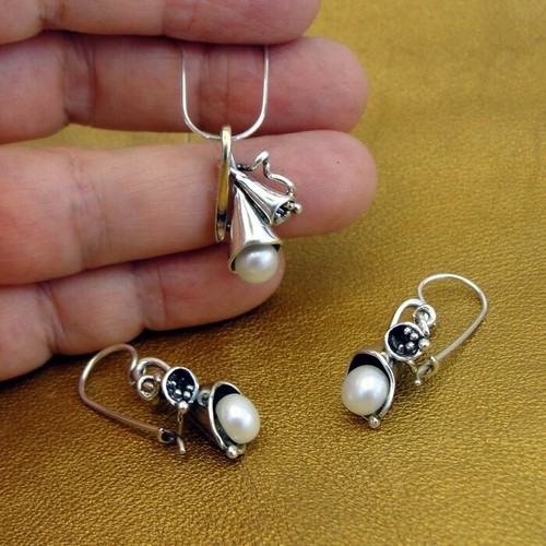 Hadar Designers 9k Yellow Gold 925 Silver Pearl Pendat Earrings Set Handmade (MS - Picture 2 of 12