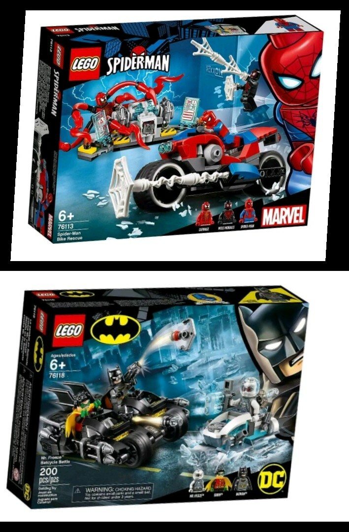 2 LEGO 76113 SUPER HEROES MOTO SPIDERMAN MARVEL 76118 Bat-Ciclo Mr. Freeze DC 2 LEGO 76113 SUPER HEROES MOTO SPIDERMAN MARVEL 76118 Bat-Ciclo Mr. Freeze DC