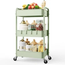 3 Tier Rolling Storage Cart, Metal Trolley Utility Cart with Wheels & Hooks