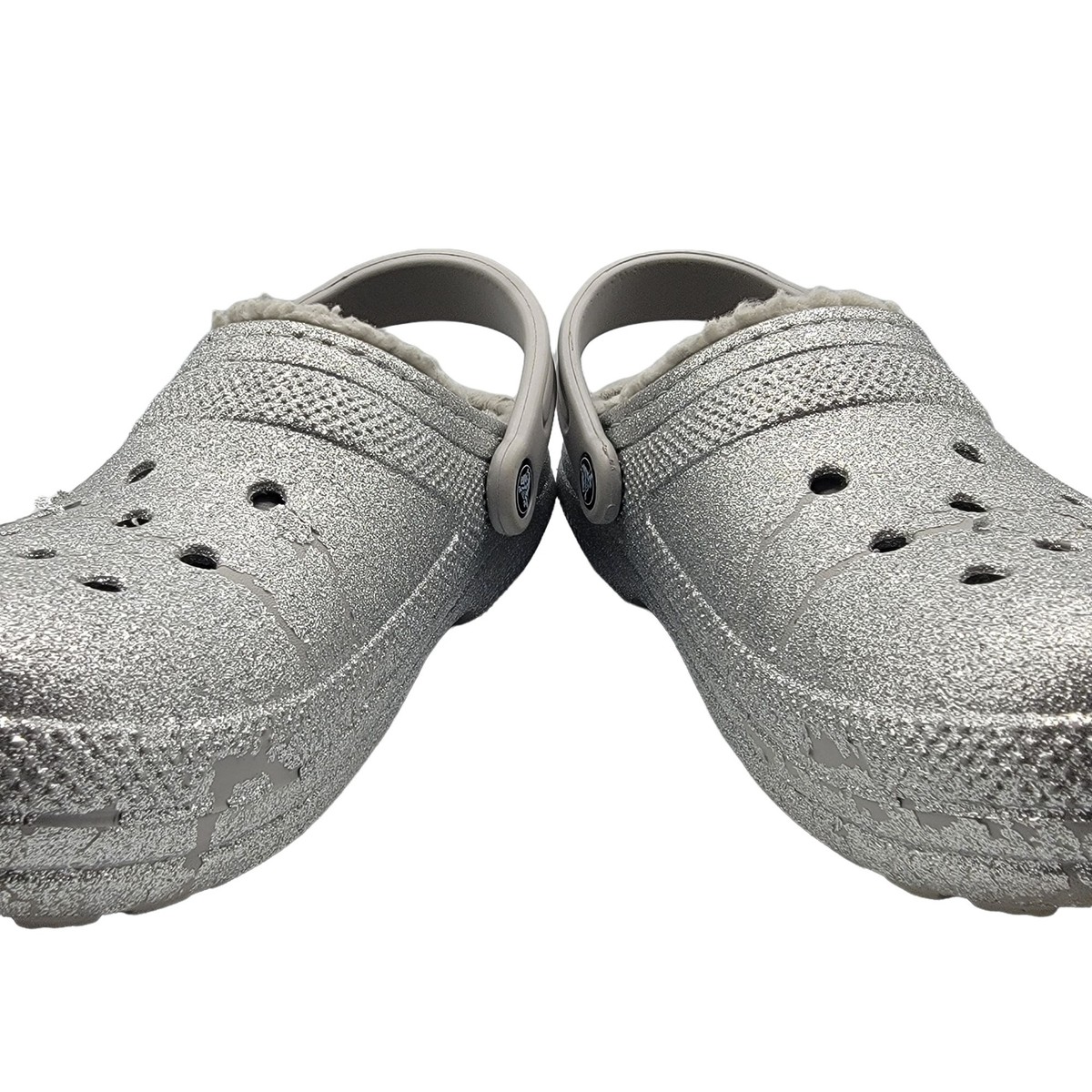 Crocs Classic Womens 9 Silver Glitter Faux Fur Lined Comfort