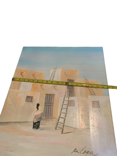 Lrg Signed Ari Lopa Canvas Painting Southwestern Indigenous Woman House Building - Picture 10 of 12
