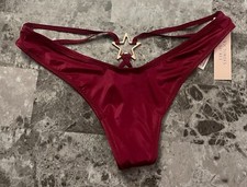 NWT VICTORIA'S SECRET MAROON SATIN SMOOTH GOLD STAR STRAPPY BACK THONG PANTIES