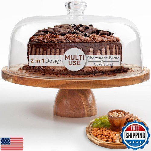 BreezyHome 2-in-1 Acacia Wood Cake Stand with Lid, Cake Stand with Dome Light