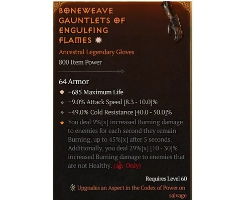 Diablo 4 S8 Boneweave Gauntlets Of Engulfing Flames 1GA Legendary Gloves Gear