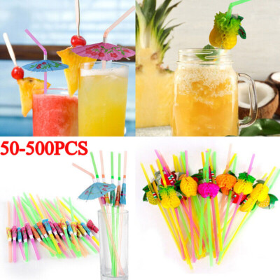 50/100Pcs Disposable Hawaiian Luau Fruit Party Umbrella Cocktail Drink Straws