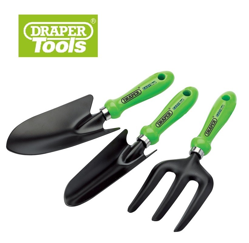 Draper Tools 3 piece Garden Hand Tool Set Trowel Fork Transplanter