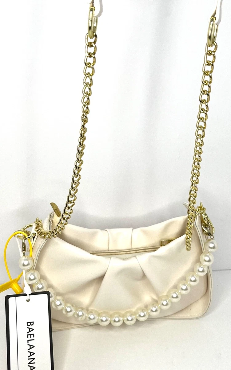 Womens Crossbody Bag Shoulder Bag Small Beige Leather With Pearls