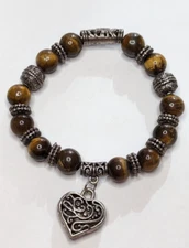 Tigers Eye Silver Tone Openwork Heart Charm Stretch Bracelet 3/8" Wide Boho