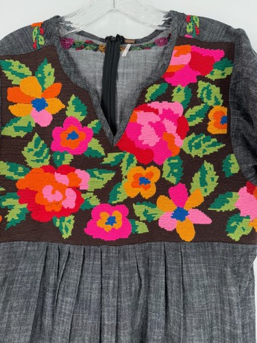 Free People Womens Gray Floral Embroidered Short Sleeve Babydoll Dress Sz M - Picture 3 of 7