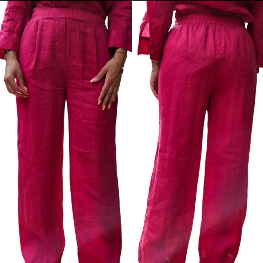 Pantalone A Palazzo 100% PURO LINO LEINEN FLAX Donna Fucsia S Zelino Vita Alta