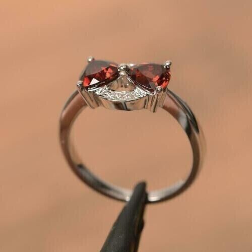 2CT Trillion Lab-Created Red Garnet Women's Wedding Ring 14k White Gold Plated - Picture 3 of 7