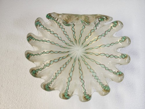 Murano Salviati Zanfirico Latticino Bowl Twisting Ribbons Gold Green BLINGY - Picture 7 of 21