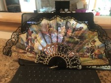 Vintage La Vendimia Ladies Fabric Lace Folding Ornate Fan Plastic