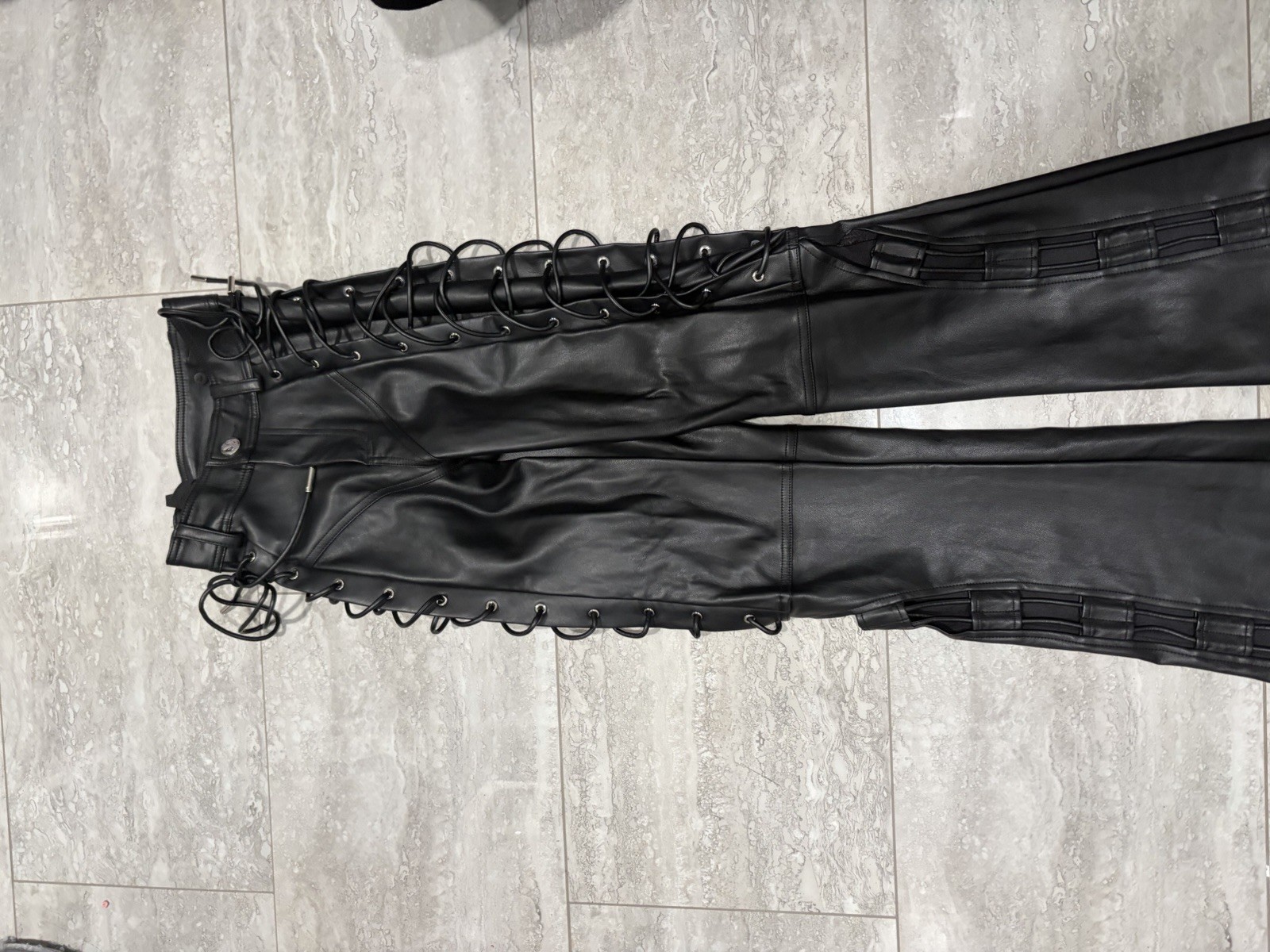 MANIÈRE DE VOIR Black Faux Leather Lace Up Flared Women's Dress Pants