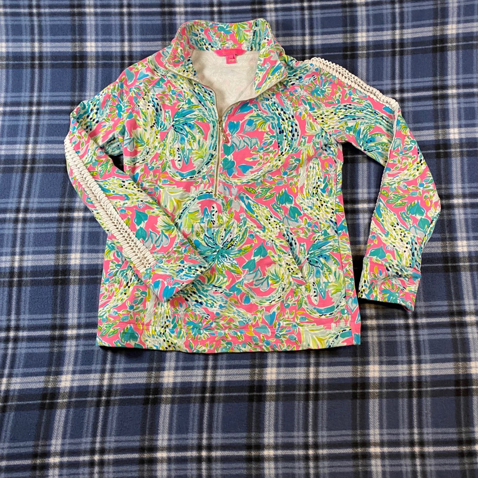 Lilly Pulitzer Skipper Popover Pink Floral Crochet Trim Quarter Zip Sweatshirt M