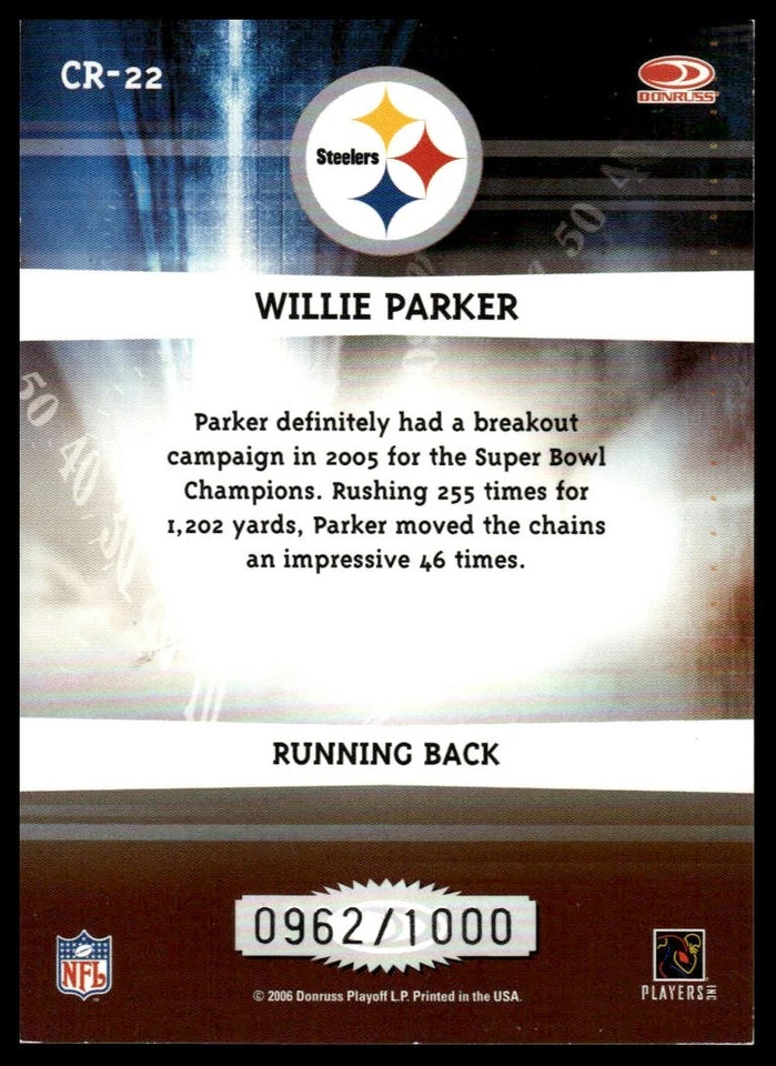 2006 Donruss Elite #CR-22 Willie Parker Chain Reaction Gold #/1000 - Image 2 of 2
