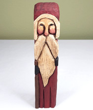 Folk Art Hand Carved Wood Santa Red 9.25" Primitive Look Square Base Not Signed