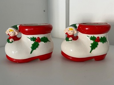 2 Vtg Elf Pixies on Santa Boot Christmas Ceramic Planters Figurines INARCO JAPAN