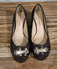 Ladies 6.5 Antonio Melani Brown Textured Loafers Gold Tone Buckle Leather Low