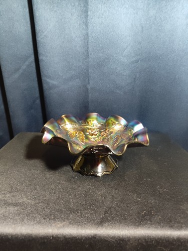 Antique Dogwood Flower Amethyst Carnival Glass Ruffled Bowl w/ Ruffled Pedestal - Picture 2 of 5