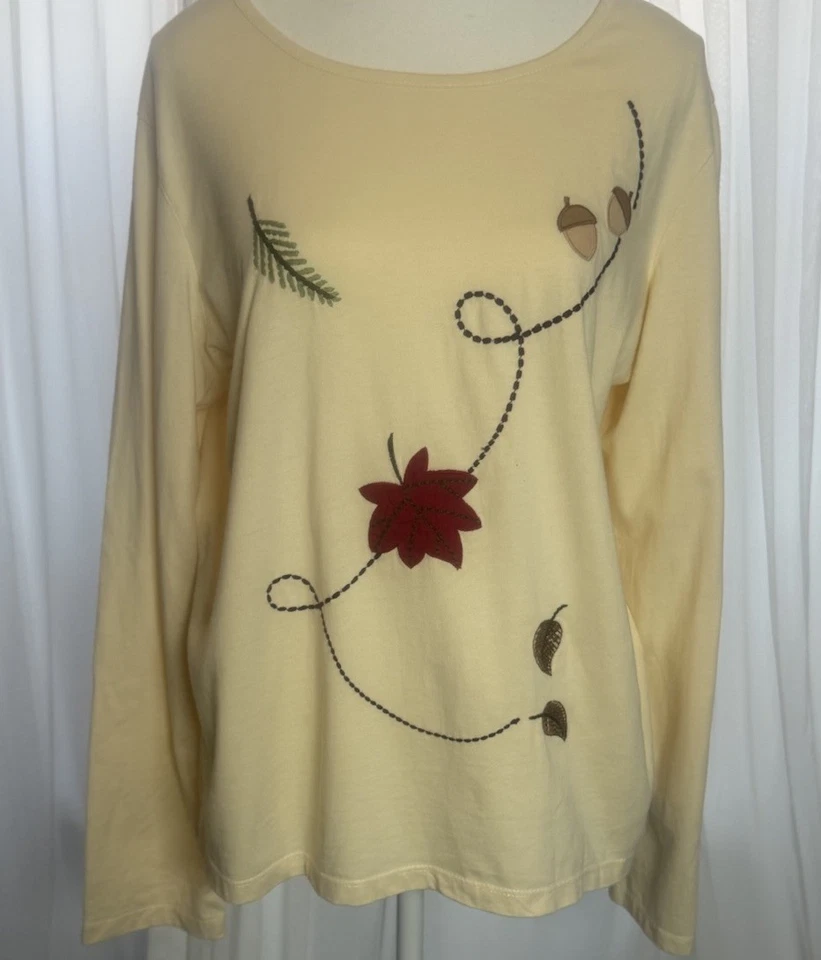 女式 XL 长袖上衣/刺绣秋季主题/叶子和橡子 SKU#213 — 第 2/4 张图片
