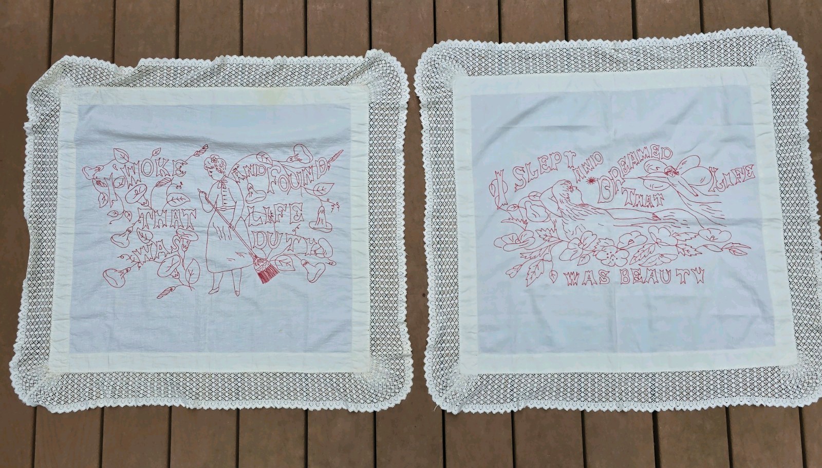 Lovely Old Pair Of Redwork Embroidery Pillow Layovers - "I Slept & Dreamed..."