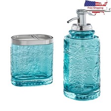 2-Piece Bath Accessories Set Soap Dispenser Toothbrush Holder Vintage Glass New