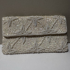Vintage Hong Kong Hand Beaded Ivory Sequin Evening Clutch Purse Bridal 10&rdquo;