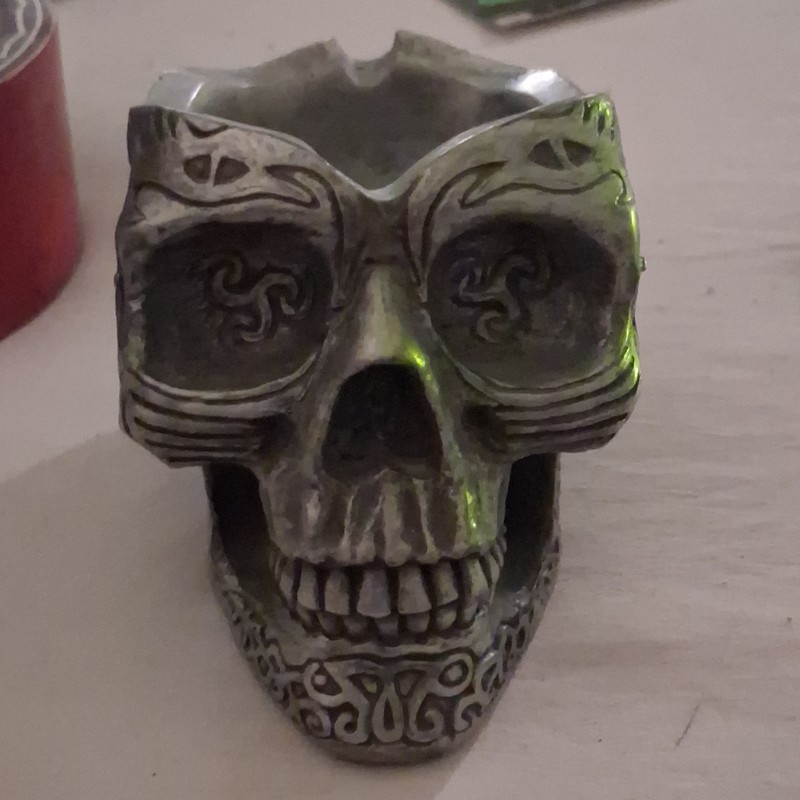 Skull Head Shaped Metal Ashtray with Tribal Design Lid, Skull Head